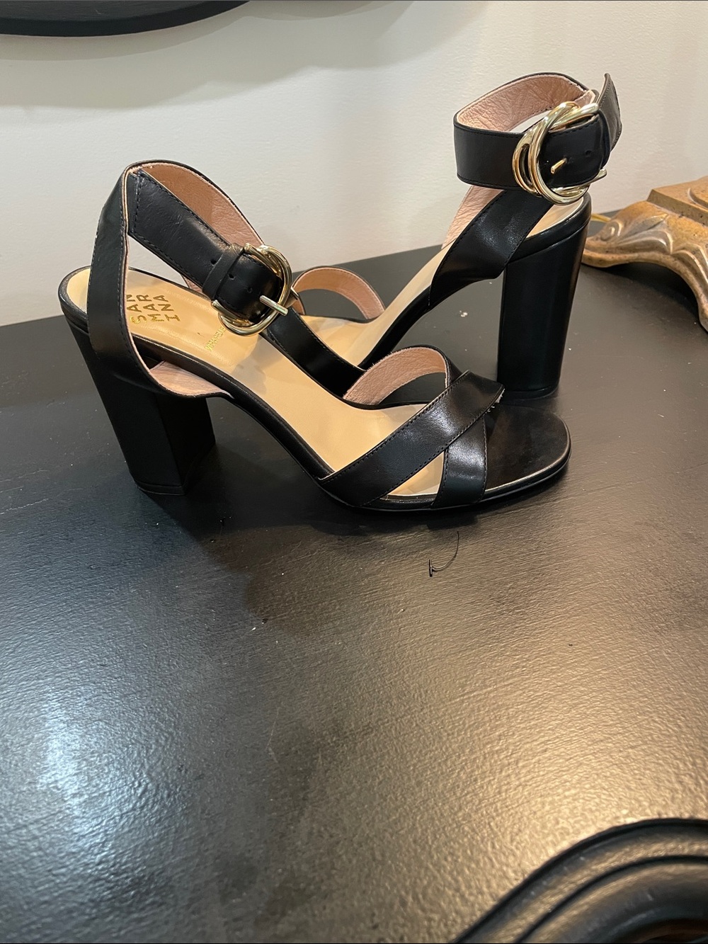 T.J.Maxx Black Block Heel Sandals with Gold Buckle